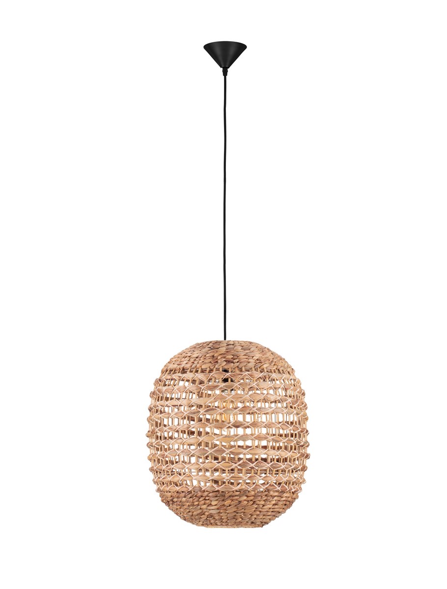 Lampa wisząca Guardia 1xE27 w kolorze czarnym z abażurem z hiacyntu wodnego, o okrągłym kształcie i plecionej strukturze, zawieszona na czarnym kabelku, w prostej, minimalistycznej aranżacji na białym tle.