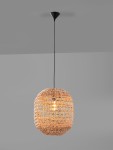 Lampa wisząca Guardia z czarnym przewodem i metalowym mocowaniem, w kształcie owalnym, wykonana z naturalnego materiału w kolorze hiacyntu wodnego. Widoczna żarówka E27 wewnątrz plecionej struktury, zawieszona na jednolitym tle.