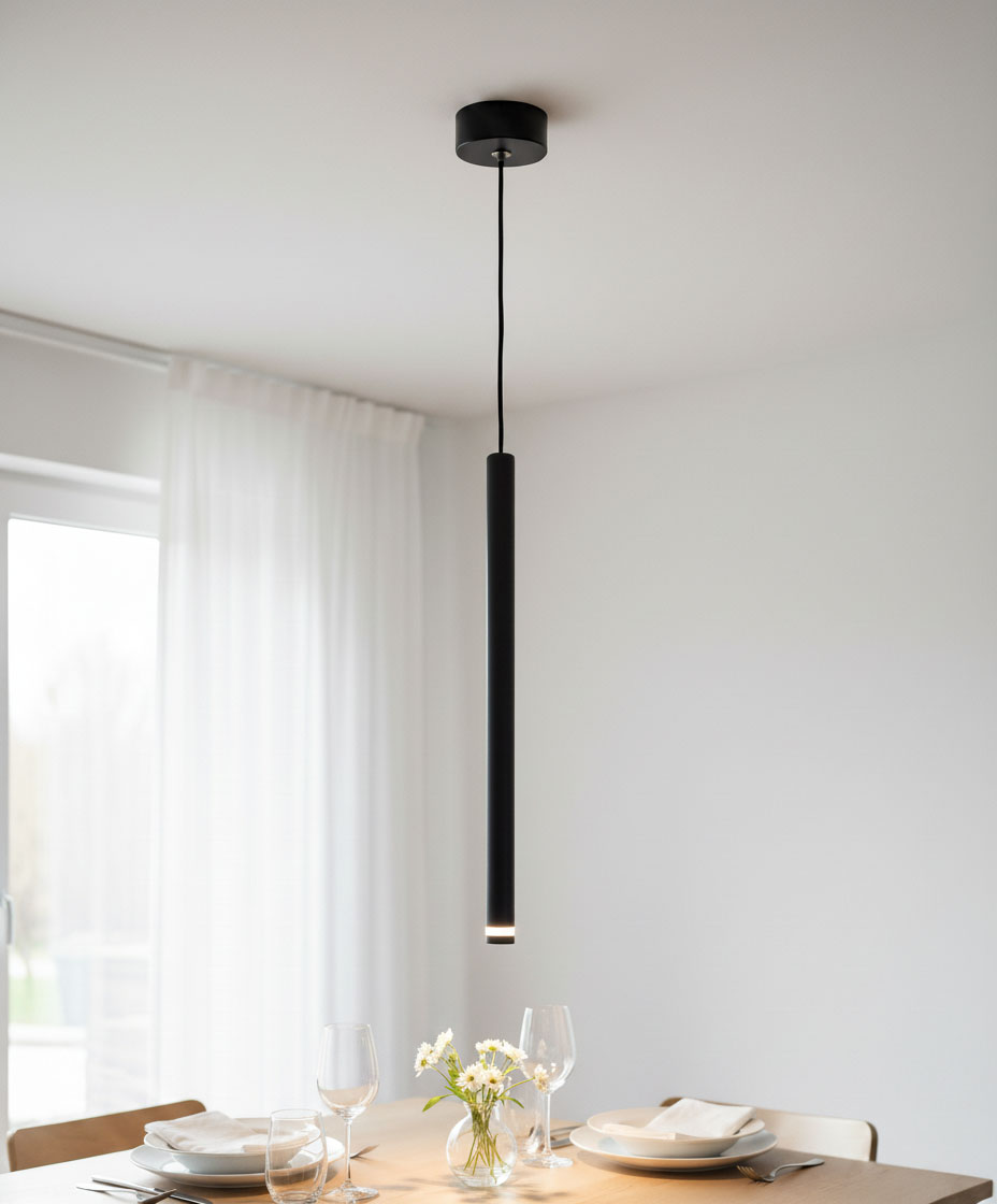 Lampa wisząca Piero w kolorze czarnym, o smukłej, cylindrycznej formie, zawieszona na czarnym kablu. Oświetlenie skierowane w dół, umieszczona nad stołem, w jasnym wnętrzu z białymi zasłonami. Szklane naczynie z kwiatami na stole oraz nakrycia.