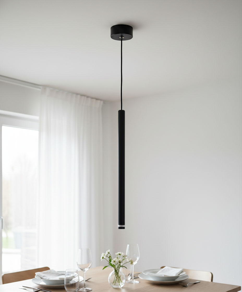 Czarna lampa wisząca Piero z jedną oprawą G9, o smukłej cylindrycznej formie, zawieszona na cienkim przewodzie. W tle stół nakryty talerzami i kieliszkami, z delikatnymi kwiatami w wazonie, w jasnym wnętrzu z białymi zasłonami.