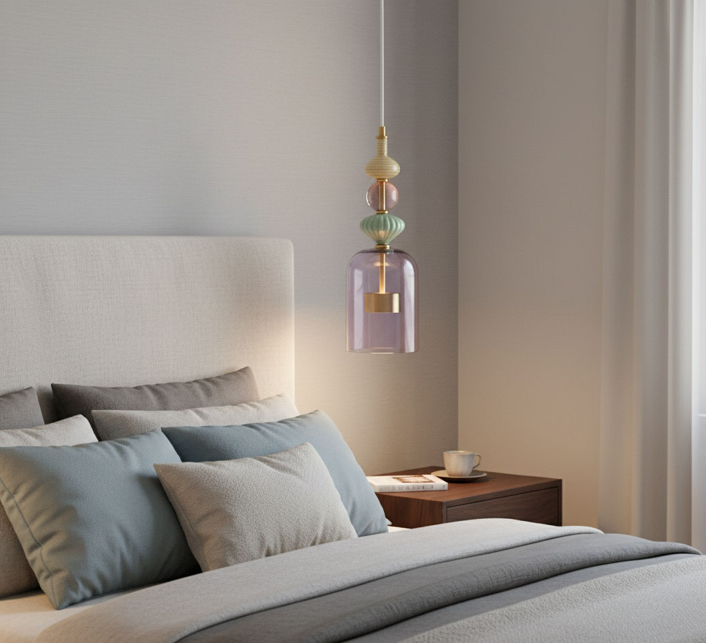 Lampa wisząca Arte z mosiądzu i fioletowego szkła, zawieszona nad łóżkiem w sypialni. Posiada dekoracyjne elementy w pastelowych kolorach, z widocznym kloszem w kształcie dzwonu i złotą podstawą. Tło to jasna ściana i stół nocny z filiżanką.