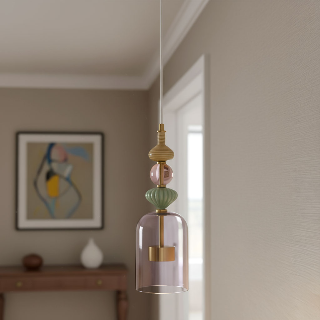 Lampa wisząca Arte z jednym źródłem światła LED, 12W, w kolorze mosiądzu i fioletowym. Szklany klosz z dekoracyjnymi elementami w odcieniach zieleni i różu, zawieszona na cienkim przewodzie w jasnym wnętrzu.