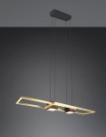 Lampa wisząca Albany LED/37W w kolorze czarnym i złotym, zawieszona na cienkich linkach. Posiada prostokątny kształt z centralnym elementem i jest sterowana pilotem. Tło ciemne, eleganckie wykończenie.