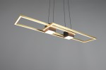 Lampa wisząca Albany z pilotem, LED 37W, o czarnej i złotej kolorystyce. Posiada prostokątne ramy i dwa kwadratowe źródła światła, zawieszona na czarnych linkach. Produkt wisi pod kątem, na jednolitym tle.