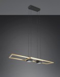 Lampa wisząca Albany LED o mocy 37W w kolorze czarnym i złotym. Posiada prostokątny kształt z metalowym wykończeniem, zawieszona na cienkich linkach. Widoczny pilot do zdalnego sterowania. Tło w odcieniach szarości.
