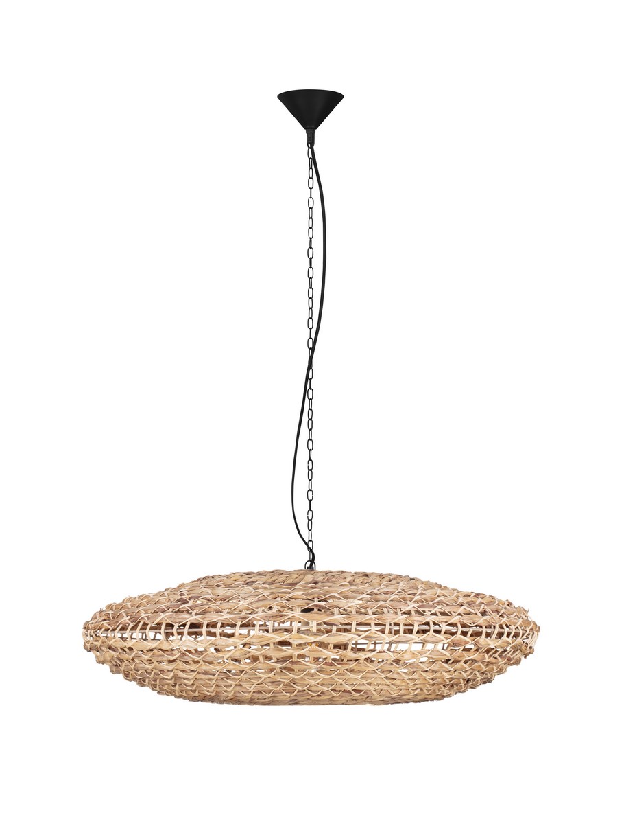 Lampa wisząca Guardia w kształcie owalnym z naturalnego hiacyntu wodnego, w kolorze jasnobrązowym, zwieszona na czarnym łańcuszku z czarnym mocowaniem sufitowym. Przeznaczona na żarówkę E27.