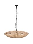 Lampa wisząca Guardia w kształcie owalnym z naturalnego hiacyntu wodnego, w kolorze jasnobrązowym, zwieszona na czarnym łańcuszku z czarnym mocowaniem sufitowym. Przeznaczona na żarówkę E27.