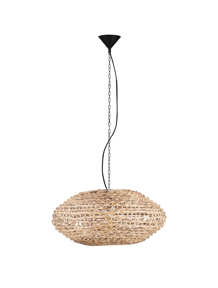 Lampa wisząca Guardia 1xE27 w kolorze czarnym z kloszem z hiacyntu wodnego. Owalny kształt, plecionka w naturalnym odcieniu, zawieszona na czarnym łańcuszku. Ujęcie z przodu, produkt w wiszącej pozycji.
