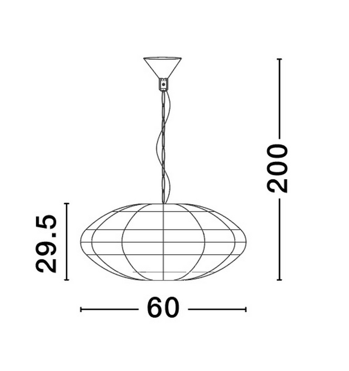 Lampa wisząca Guardia w kolorze czarnym, z oprawą na 1 żarówkę E27. Owalny kształt z metalową siatką, wymiary: 60 cm szerokości, 29,5 cm wysokości, długość zawieszenia 200 cm. Prosta konstrukcja, idealna do nowoczesnych wnętrz.