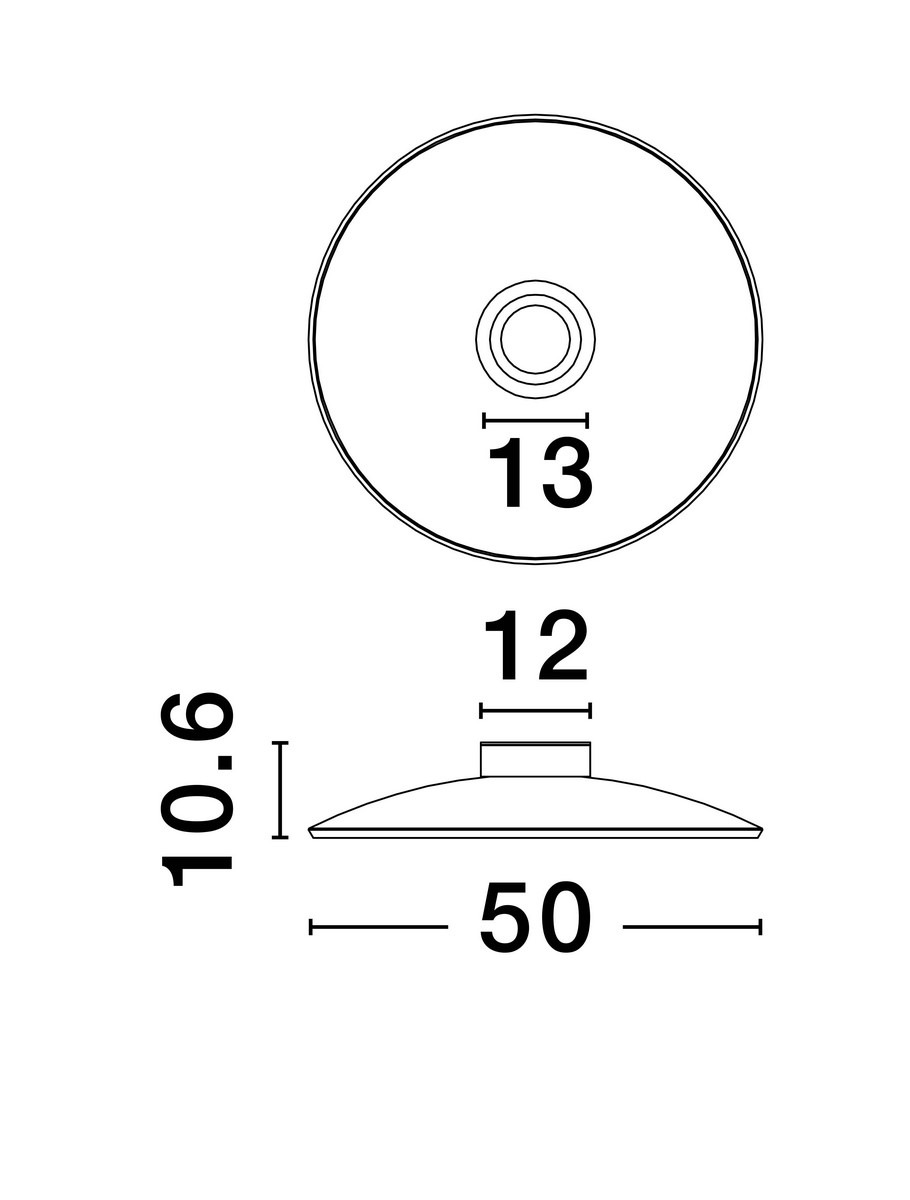 Lampa sufitowa Huanuco 1xLED 33W w kolorze niklowym z aluminium. Widok z góry i z boku, przedstawiający okrągły klosz o średnicy 50 cm, wysokości 10.6 cm oraz mocowaniu o średnicy 13 cm. Prosty design, idealna do nowoczesnych wnętrz.