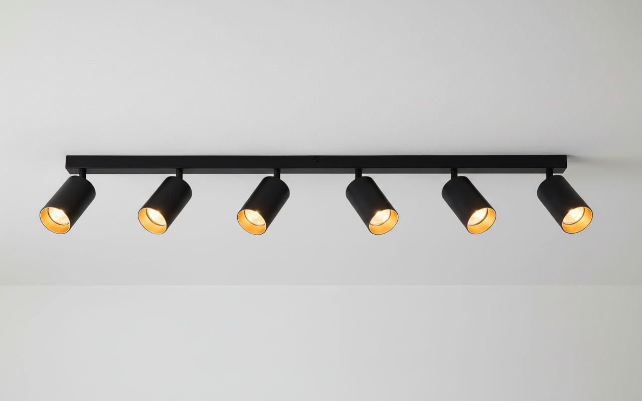 Czarna lampa sufitowa Eris z sześcioma punktami świetlnymi, umieszczona na prostokątnej, metalowej listwie. Każdy reflektor ma złote wnętrze, skierowane w różnych kierunkach, co podkreśla nowoczesny design. Ujęcie frontalne.