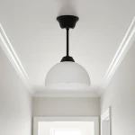 Lampa wisząca Frella o konstrukcji czarnej z metalowym wykończeniem. Posiada biały klosz w kształcie półkuli, zamontowana na długim przewodzie. Widok z dołu na lampę, zawieszoną na tle jasnego sufitu i ścian.