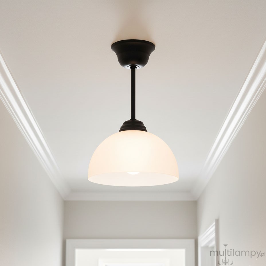 Czarna lampa wisząca Frella z kloszem w kształcie półkuli, wykonanym z matowego szkła. Zawieszona na cienkim, czarnym przewodzie. Ujęcie z dołu, na tle jasnego sufitu. Idealna do nowoczesnych wnętrz.