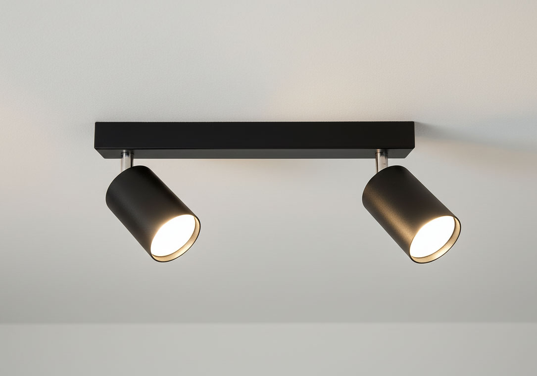 Lampa sufitowa Bardo 2-punktowa w kolorze czarnym i chromowanym, z dwoma cylindrycznymi reflektorami. Ujęcie z dołu, na tle jasnego sufitu, pokazujące lampę zamontowaną na ścianie. Reflektory skierowane w różnych kierunkach, emitujące białe światło.