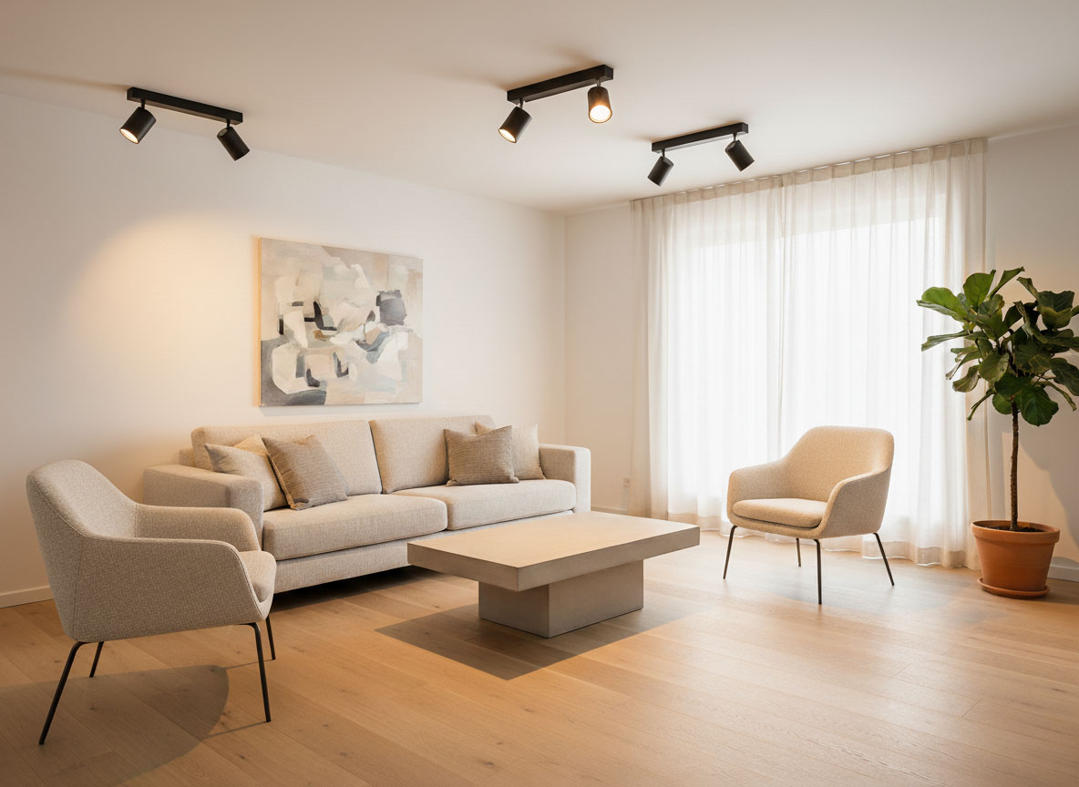 Czarna lampa sufitowa Bardo z dwoma punktami świetlnymi w chromowanych oprawach. Ujęcie z przodu, montowana na suficie, w nowoczesnym wnętrzu z jasnymi zasłonami, sofą i stolikiem kawowym.