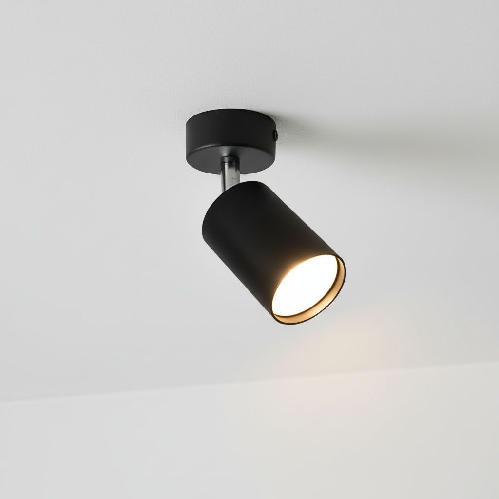 Czarna lampa sufitowa (spot) Bardo z chromowanym mocowaniem, umieszczona pod kątem. Okrągła czasza z wykończeniem matowym, emitująca ciepłe światło. Prosta konstrukcja, idealna do nowoczesnych wnętrz.