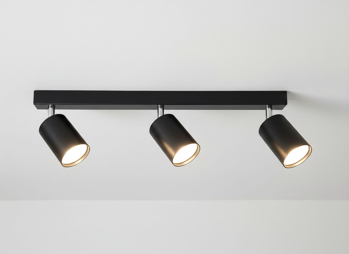 Czarna lampa sufitowa (spot) Bardo z trzema punktami świetlnymi, zamocowana na prostokątnej, chromowanej podstawie. Lampy o cylindrycznym kształcie skierowane w dół, na tle białego sufitu.