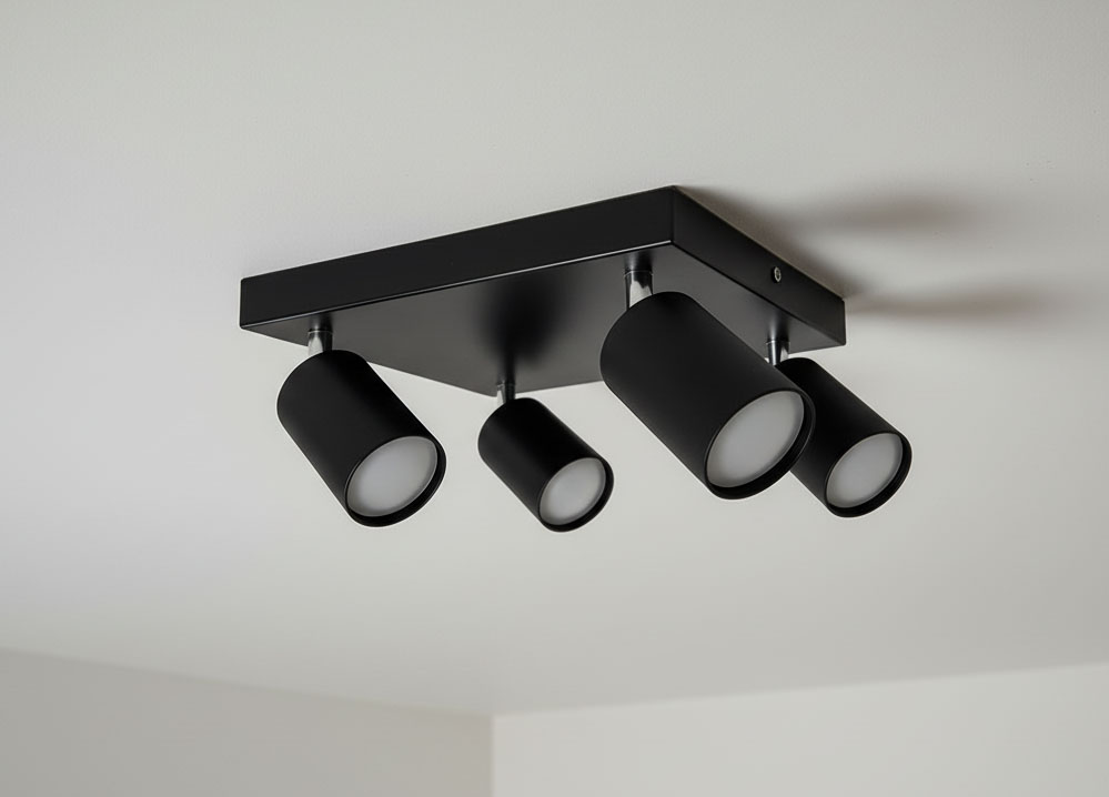 Czarna lampa sufitowa Bardo z czterema punktami świetlnymi o cylindrycznym kształcie, zamontowana na prostokątnej podstawie. Każda oprawa posiada mleczne klosze, co zapewnia równomierne rozproszenie światła. Ujęcie z dołu, na gładkim tle.