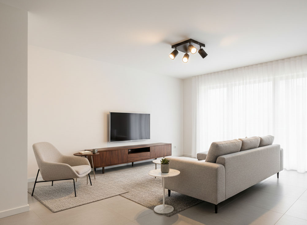 Lampa sufitowa Bardo 4-punktowa w kolorze czarnym i chromowanym, montowana na suficie, z czterema ruchomymi reflektorami. Produkt widoczny w nowoczesnym wnętrzu z szarym fotelem, telewizorem oraz oknem z zasłonami.