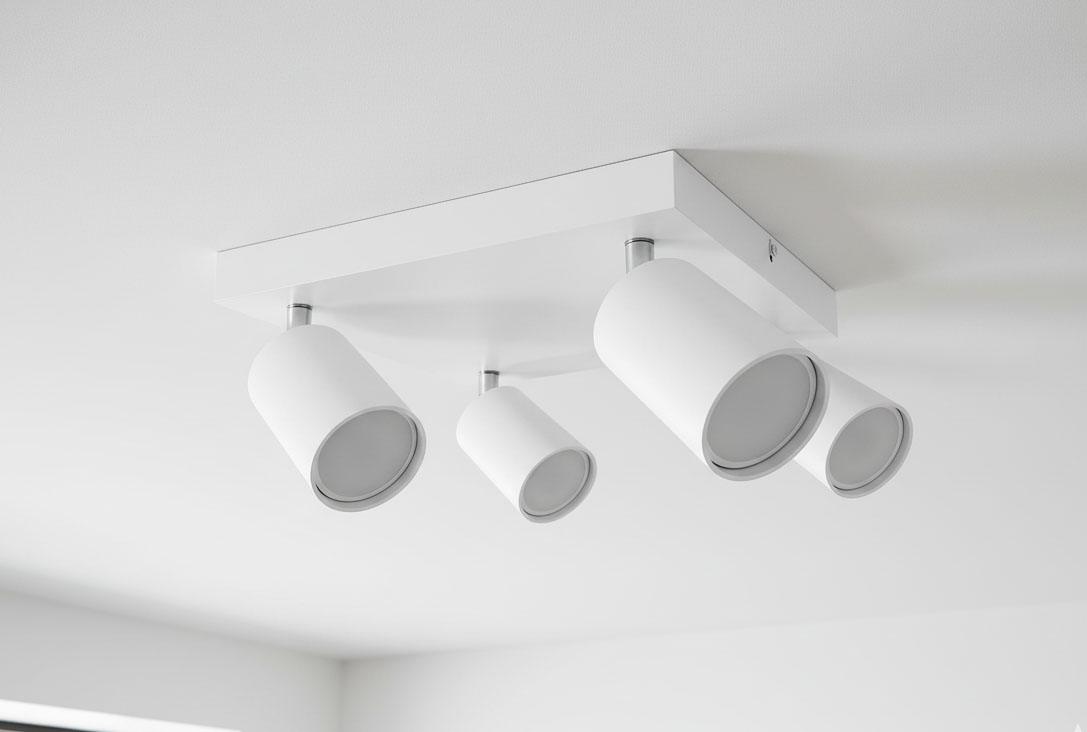 Bardo lampa sufitowa (spot) 4-punktowa w białym kolorze z chromowanymi detalami. Cztery cylindryczne klosze, zamontowane na prostokątnej, białej podstawie, skierowane w różne strony, idealna do oświetlenia wnętrz.