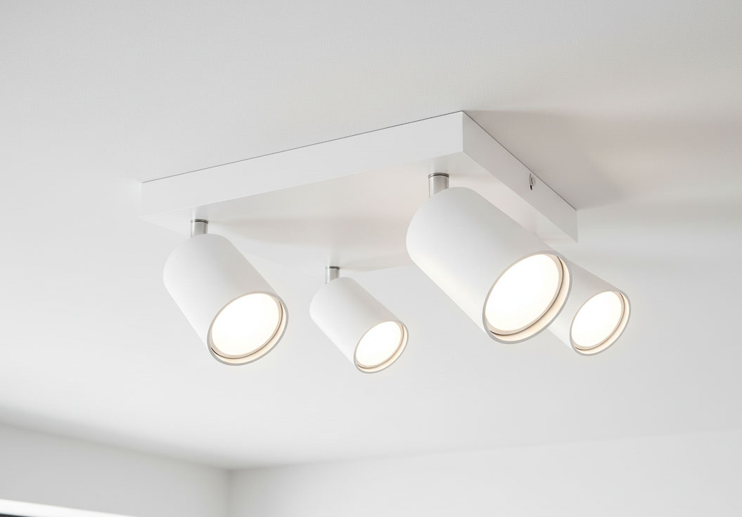 Bardo lampa sufitowa 4-punktowa w kolorze białym z chromowanymi detalami. Zawiera cztery cylindryczne reflektory, zamocowane na prostokątnej podstawie, skierowane w różnych kierunkach, montowana na suficie.