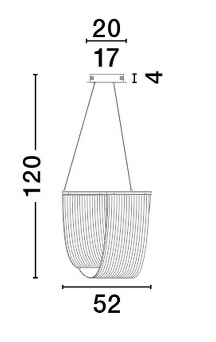 Lampa wisząca Huaral 1xLED 35W w złotym kolorze, o wymiarach 120 cm wysokości i 52 cm średnicy. Wzór z delikatnymi liniami, zawieszona na cienkim łańcuchu, idealna do nowoczesnych wnętrz.
