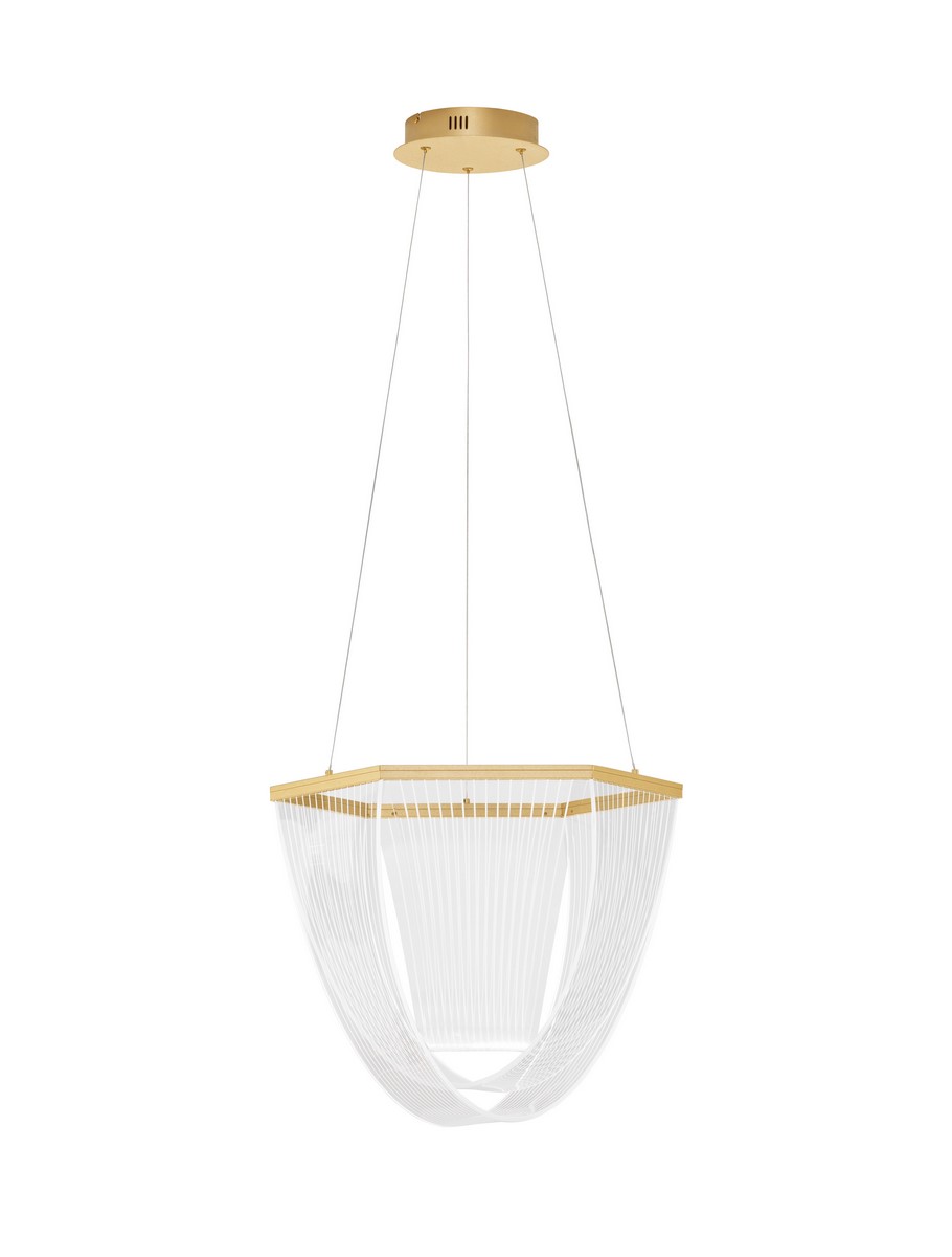 Lampa wisząca Huaral 1xLED 35W w kolorze złotym, o geometrycznym kształcie. Konstrukcja z białych, cienkich linii w formie klosza, zawieszona na dwóch cienkich żyłkach. Montaż sufitowy, idealna do nowoczesnych wnętrz.