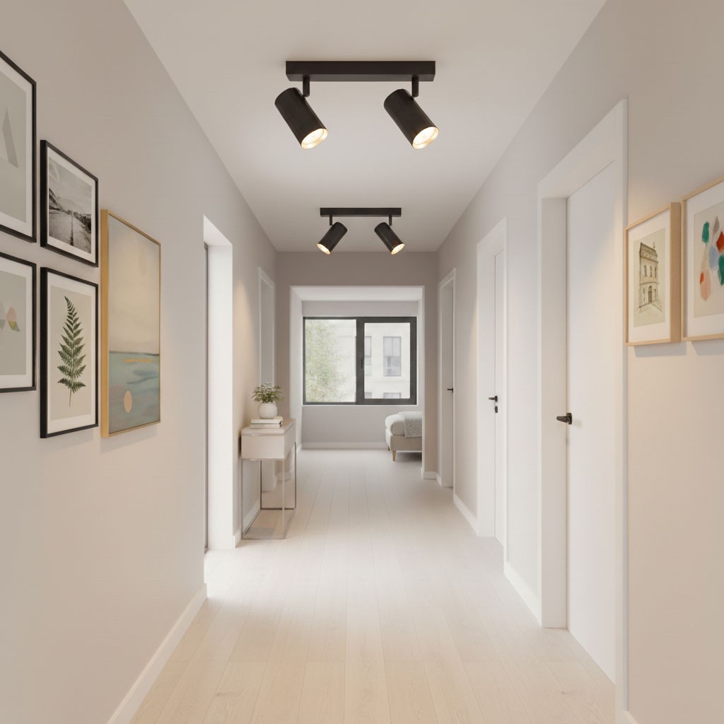 Lampa sufitowa Nicea z dwoma reflektorami GU10, w kolorze czarnym z złotymi detalami, zamontowana na czarnej oprawie. Ujęcie z boku w jasnym korytarzu z obrazami na ścianach i oknem w tle.