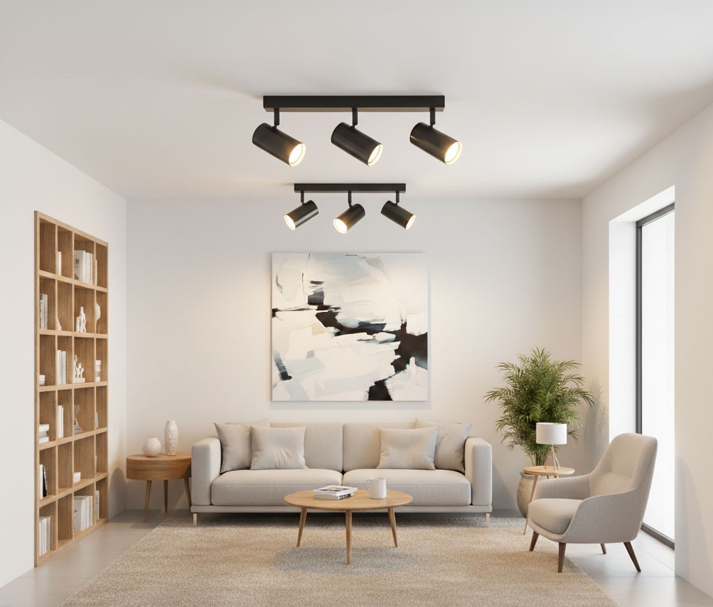 Lampa sufitowa Nicea w kolorze czarnym i złotym z trzema reflektorami GU10. Ujęcie z góry, zamontowana na suficie w nowoczesnym wnętrzu, w otoczeniu sofy, stolika i regału.