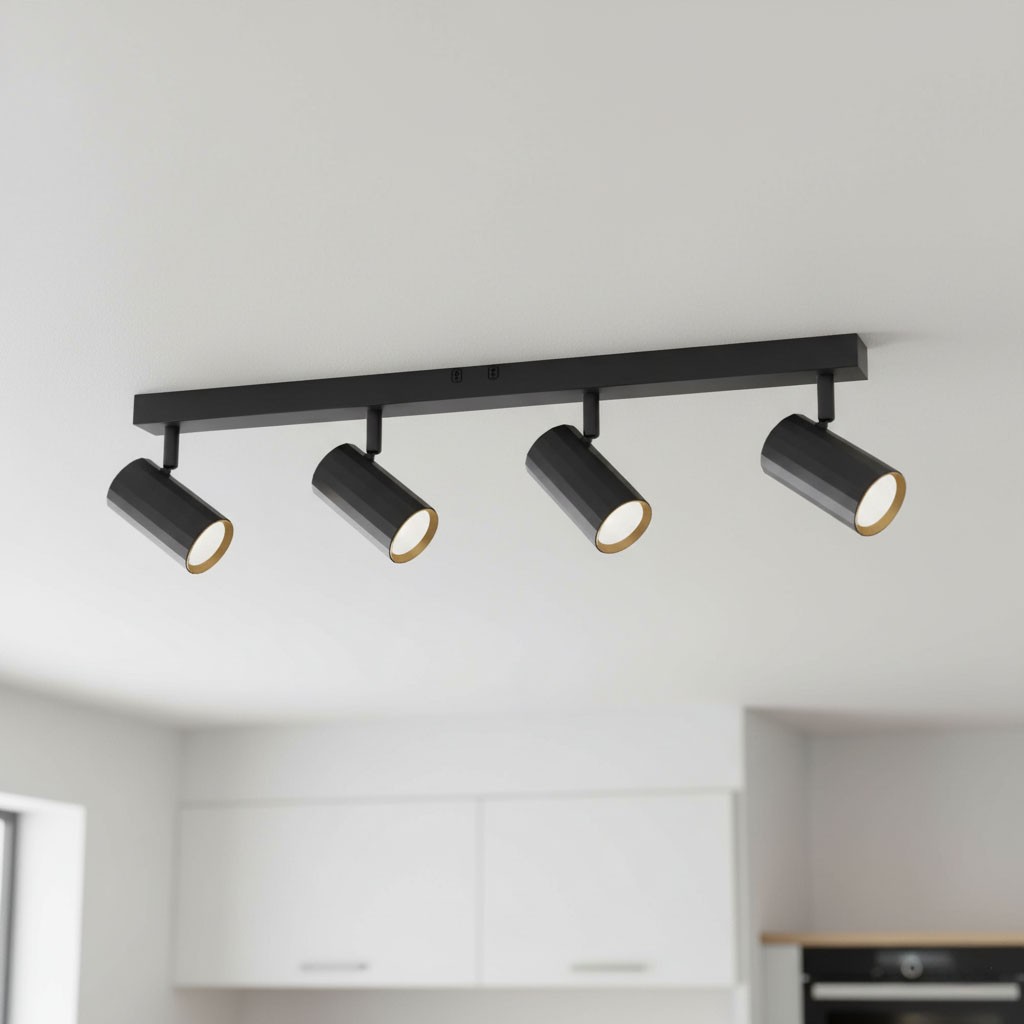 Czarna lampa sufitowa typu spot z czterema źródłami światła GU10, umieszczona na prostokątnej, metalowej podstawie. Reflektory mają złote wnętrze i są ustawione w różnych kierunkach, zamontowane na białym suficie w nowoczesnym wnętrzu.