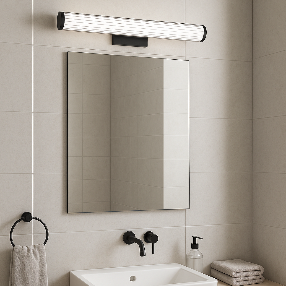 Kinkiet LED Vena 60 W 12W CCT IP44 w kolorze czarnym, zamontowany nad lustrem w łazience. Oświetlenie w formie prostokątnej, z białą kloszem, na tle jasnych płytek, obok umywalki i akcesoriów łazienkowych.