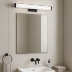 Kinkiet LED Vena 60 W 12W CCT IP44 w kolorze czarnym, zamontowany nad lustrem w łazience. Oświetlenie w formie prostokątnej, z białą kloszem, na tle jasnych płytek, obok umywalki i akcesoriów łazienkowych.
