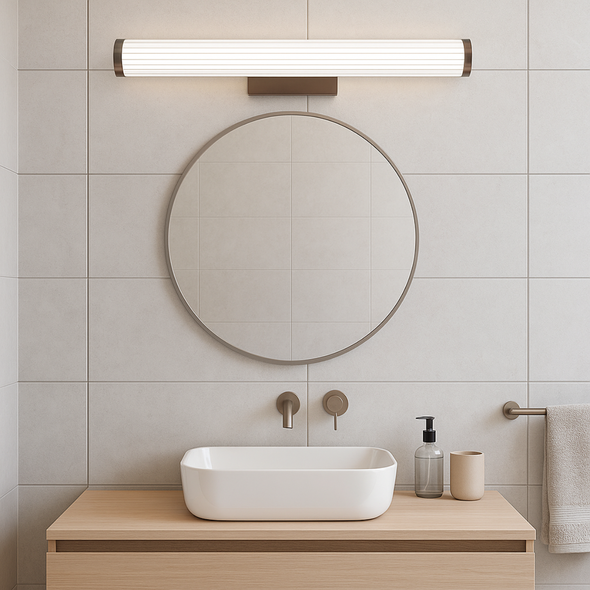 Kinkiet LED Vena 60 o mocy 12W w kolorze kawowym, zamontowany nad okrągłym lustrem. Posiada prostokątną, teksturowaną obudowę z białego materiału, idealny do łazienki, na tle jasnych płytek ceramicznych.