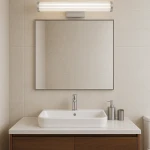 Kinkiet LED Vena 45 w kolorze chromu, o mocy 8W, z funkcją CCT. Zainstalowany nad lustrem w łazience, z prostą, cylindryczną obudową w białe paski. Oświetlenie podkreśla nowoczesny wygląd aranżacji.