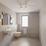 Lampa sufitowa Turyn IP44 w kolorze białym z dwoma ruchomymi reflektorami GU10. Ujęcie z góry w łazience, na tle szarych płytek oraz dużego lustra. Lampa zamontowana na suficie, oświetlająca przestrzeń.