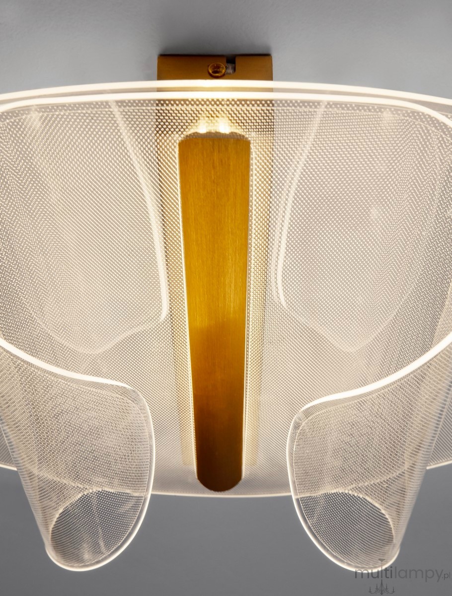 Lampa sufitowa Huaral 1xLED 20W w złotym kolorze, z metalowym elementem w kształcie prostokąta oraz delikatnym, siatkowym kloszem. Ujęcie z góry, pokazujące szczegóły konstrukcji i źródło światła.