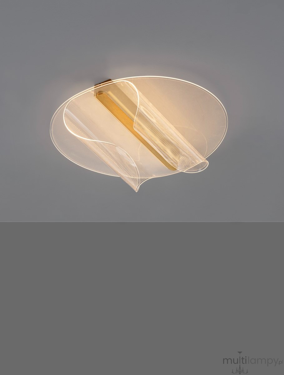 Lampa sufitowa Huaral 1xLED 20W w kolorze złotym z delikatnym, przezroczystym kloszem. Ujęcie frontalne, z góry, ukazujące okrągły kształt oraz subtelne detale konstrukcji. Idealna do nowoczesnych wnętrz.