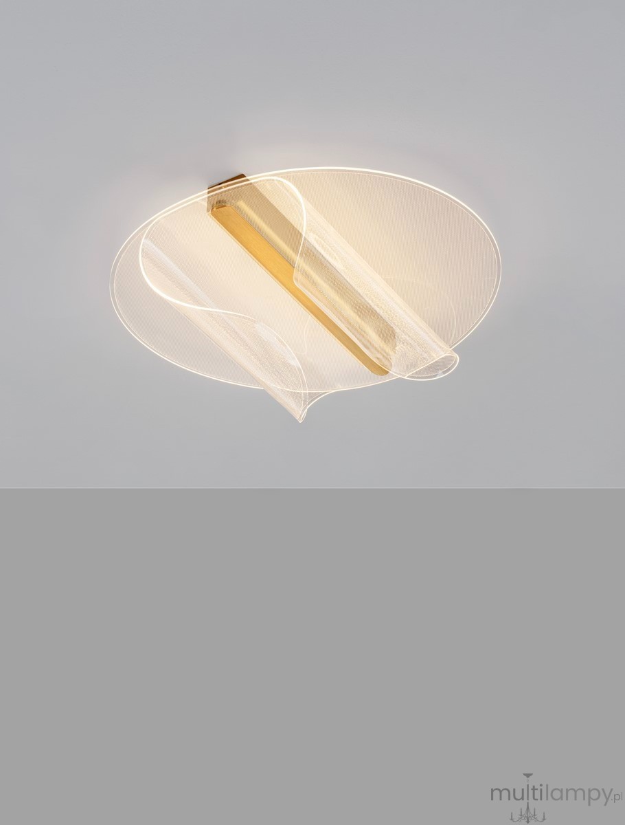 Lampa sufitowa Huaral 1xLED 20W w kolorze złotym. Okrągła, z przezroczystym kloszem i złotym uchwytem, zamontowana na suficie. Minimalistyczny design, idealna do nowoczesnych wnętrz.