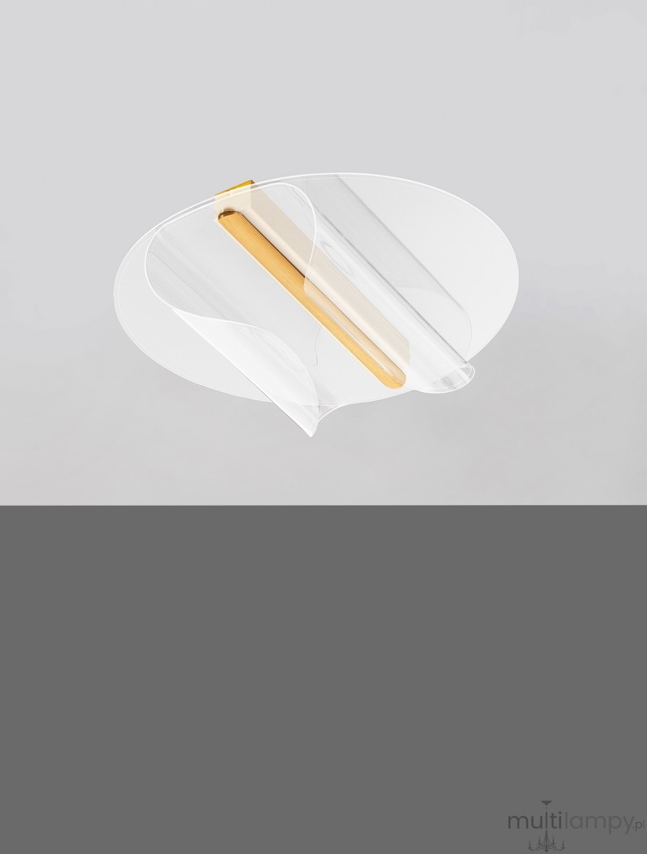 Lampa sufitowa Huaral 1xLED 20W w kolorze złotym, o okrągłym kształcie. Przezroczysta obudowa z metalowym elementem. Ujęcie frontalne, produkt zamontowany na suficie, z widocznym źródłem światła w centralnej części.