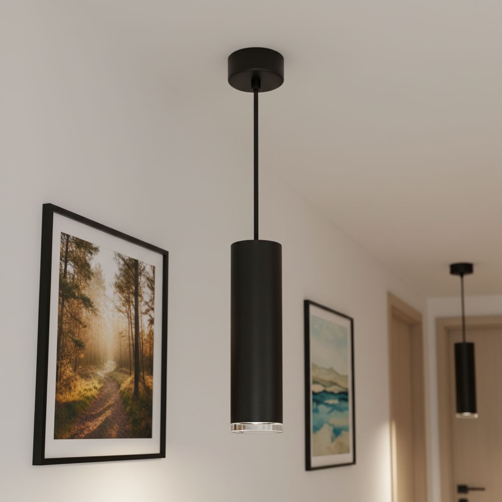 Lampa wisząca Turyn IP44 w kolorze czarnym, z okrągłym, cylindrycznym kloszem, zawieszona na cienkim przewodzie. Widoczny metalowy element w dolnej części klosza. Tło z obrazami na ścianie oraz jasne wnętrze.