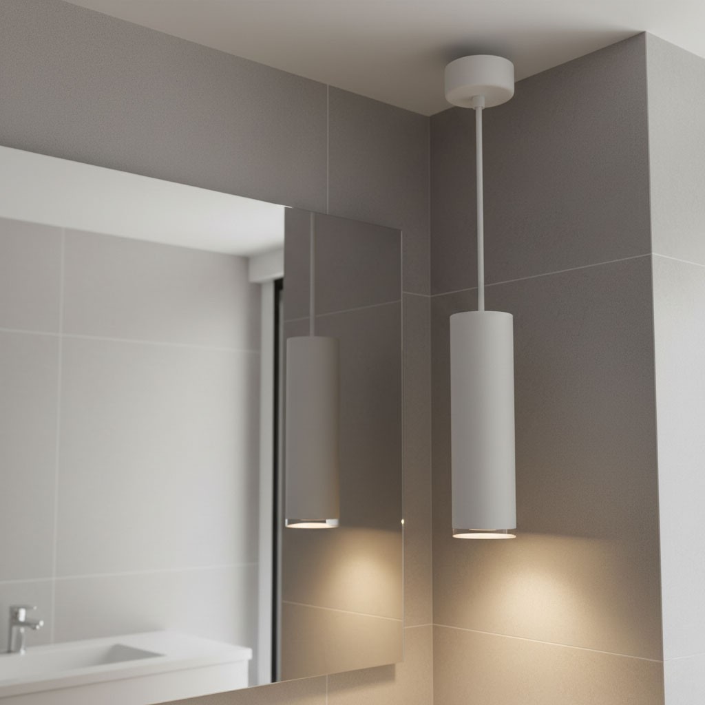 Lampa wisząca Turyn IP44 w kolorze białym z oprawą na jedną żarówkę GU10. Umieszczona w łazience, wisi na białym kablu z sufitowym mocowaniem, obok lustra, emitując światło na szare płytki. Prosty, cylindryczny kształt.