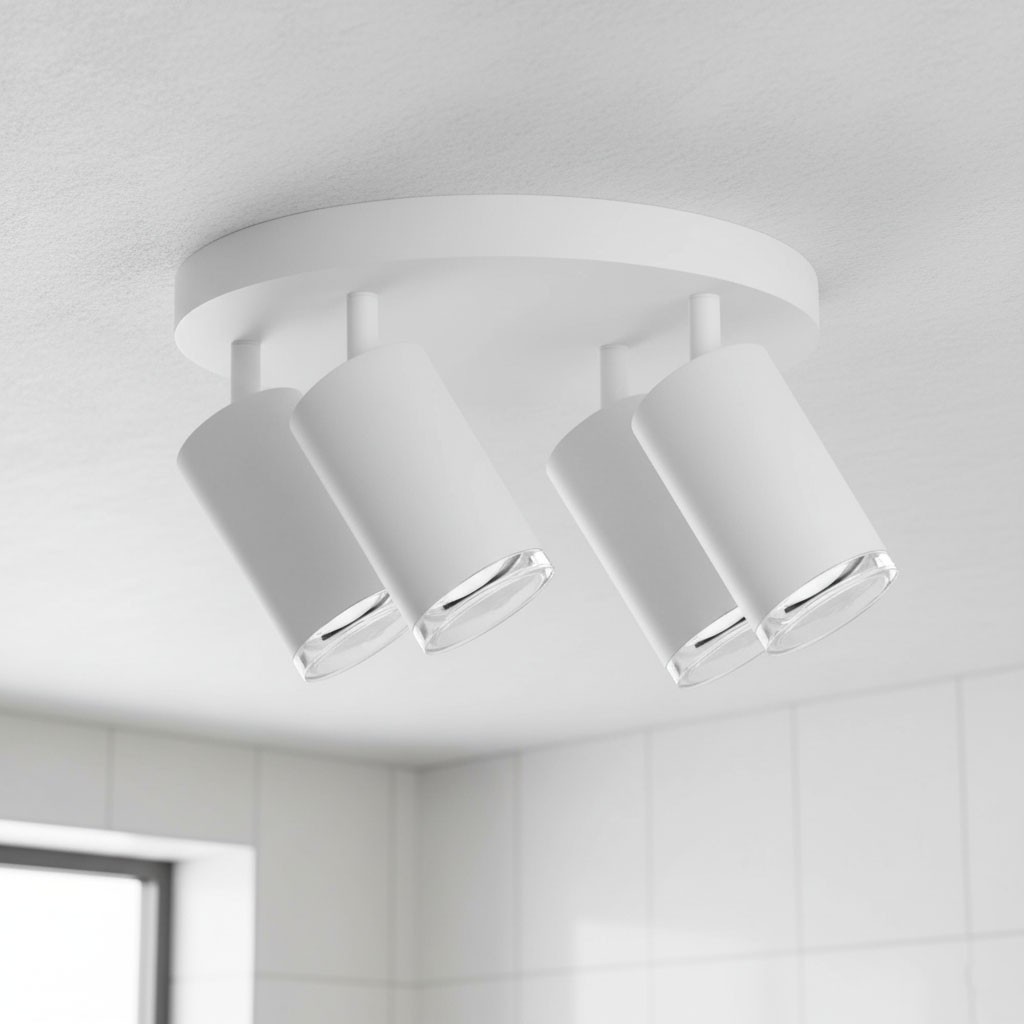 Lampa sufitowa Turyn IP44 w kolorze białym z czterema reflektorami GU10. Ułożona w pozycji wiszącej, z okrągłą podstawą i cylindrycznymi kloszami, idealna do oświetlenia wnętrz, takich jak łazienka.