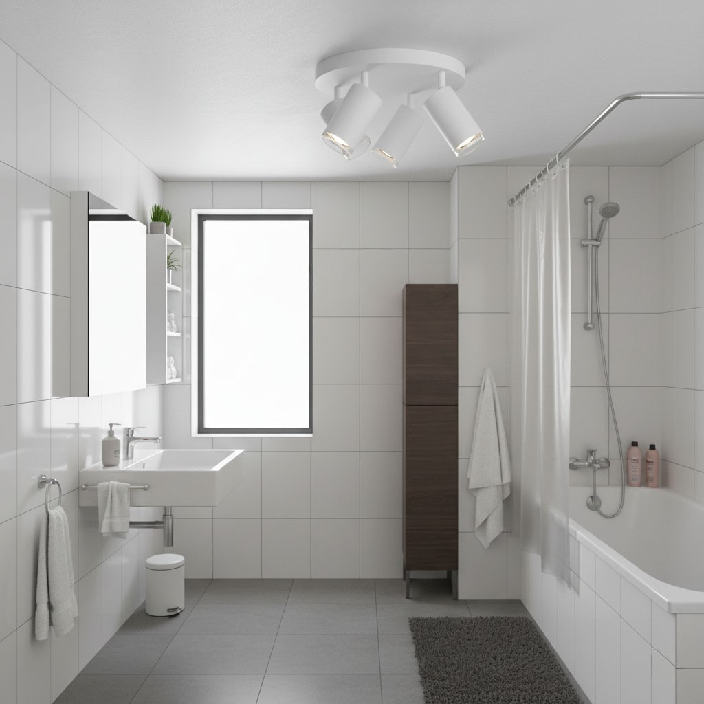 Lampa sufitowa Turyn IP44 w kolorze białym z czterema punktami świetlnymi GU10, zamontowana na suficie łazienki. Produkt o nowoczesnym designie, idealny do oświetlenia wnętrz o podwyższonej wilgotności.