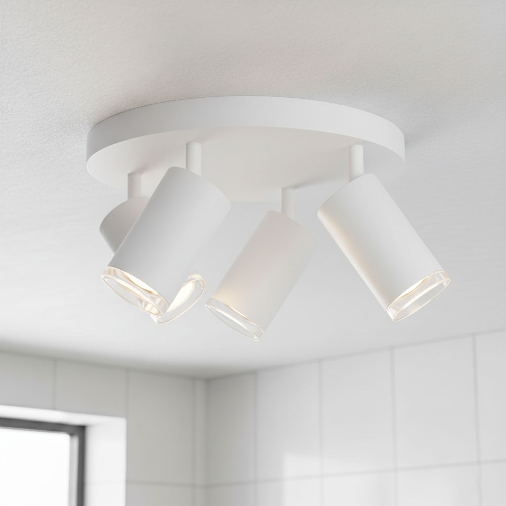 Biała lampa sufitowa Turyn IP44 z czterema reflektorami GU10, zamontowana na okrągłej podstawie. Reflektory mają cylindryczny kształt i skierowane są w różnych kierunkach, co umożliwia regulację oświetlenia.