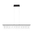 Lampa wisząca Huaraz 1xLED 17W w kolorze czarnym, o minimalistycznym designie, z prostokątnym stelażem i zwieszeniem na cienkich linkach. Wyposażona w długie, pionowe elementy świetlne, umieszczona w górnej pozycji. Tło białe.