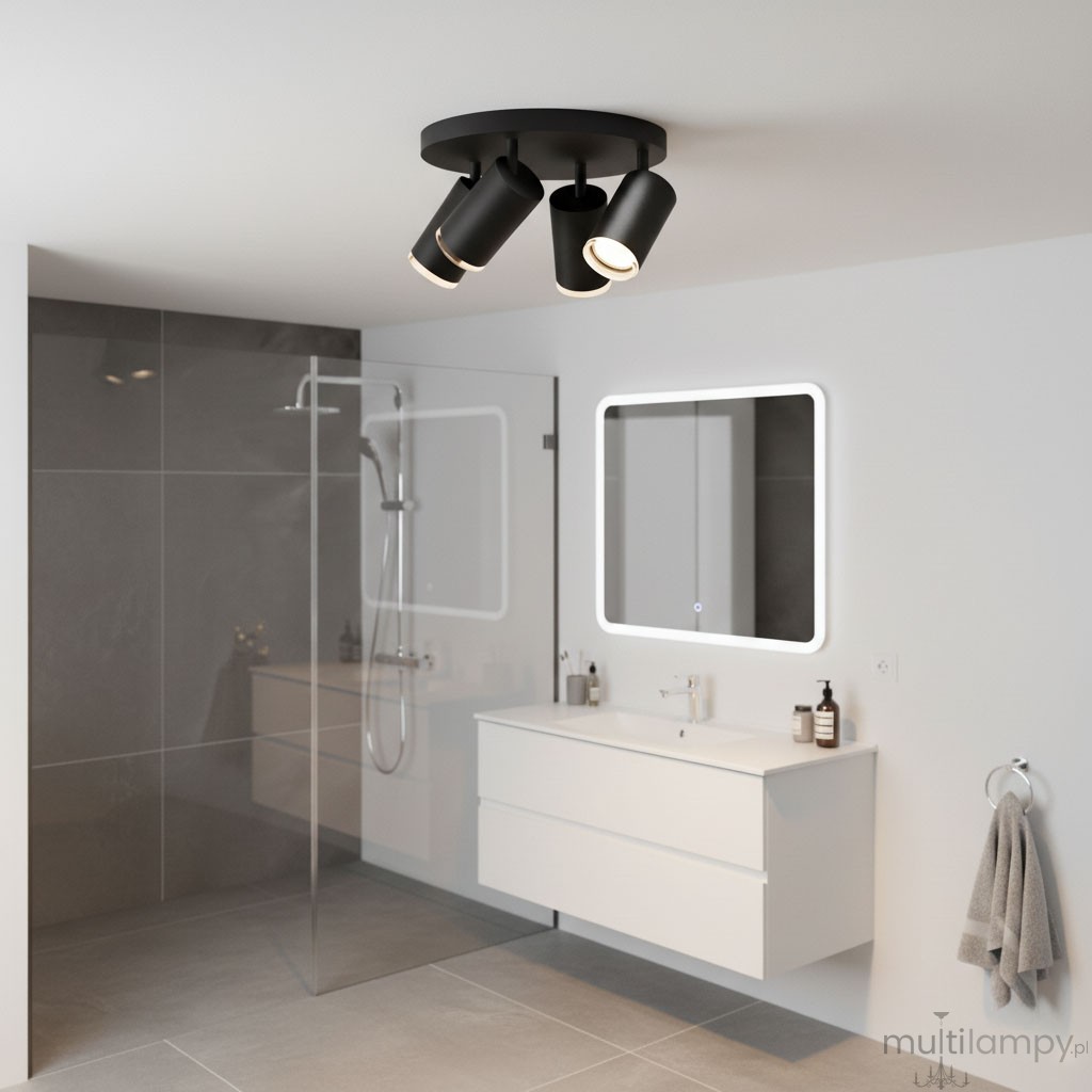Czarna lampa sufitowa Turyn IP44 z czterema ruchomymi reflektorami GU10. Ułożona na suficie w nowoczesnej łazience, idealna do oświetlenia strefy umywalki. Proste, minimalistyczne wzornictwo, metalowy materiał, współczesny design.