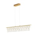 Lampa wisząca Huaraz 1xLED 17W w kolorze złotym. Posiada prostokątny stelaż z metalowym wykończeniem i przezroczystymi elementami w formie prętów. Zawieszona na dwóch cienkich, białych linkach. Prosta, nowoczesna forma.