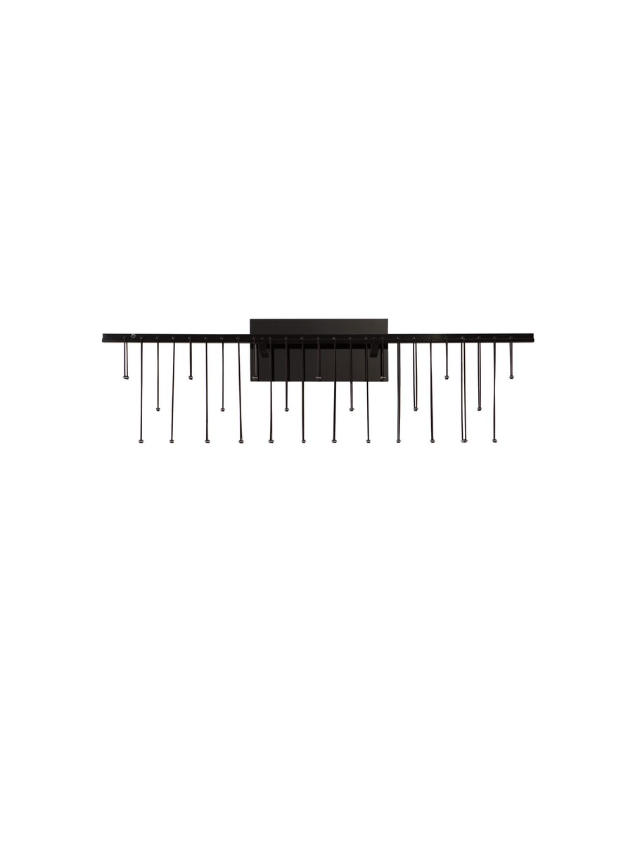 Huaraz kinkiet LED 1x11W w kolorze czarnym, zamontowany na ścianie. Posiada prostokątną podstawę oraz wiszące elementy w formie cienkich, pionowych rur. Stylowy design, idealny do nowoczesnych wnętrz. Tło białe, podkreślające produkt.