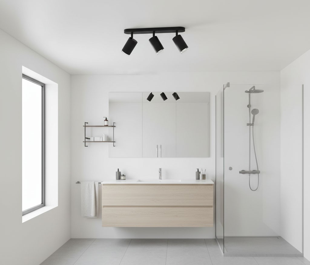 Czarna lampa sufitowa Turyn IP44 z trzema reflektorami GU10, zamontowana na białym suficie. Widoczna w nowoczesnej łazience z drewnianą szafką i szklanym prysznicem. Prosty, minimalistyczny design.