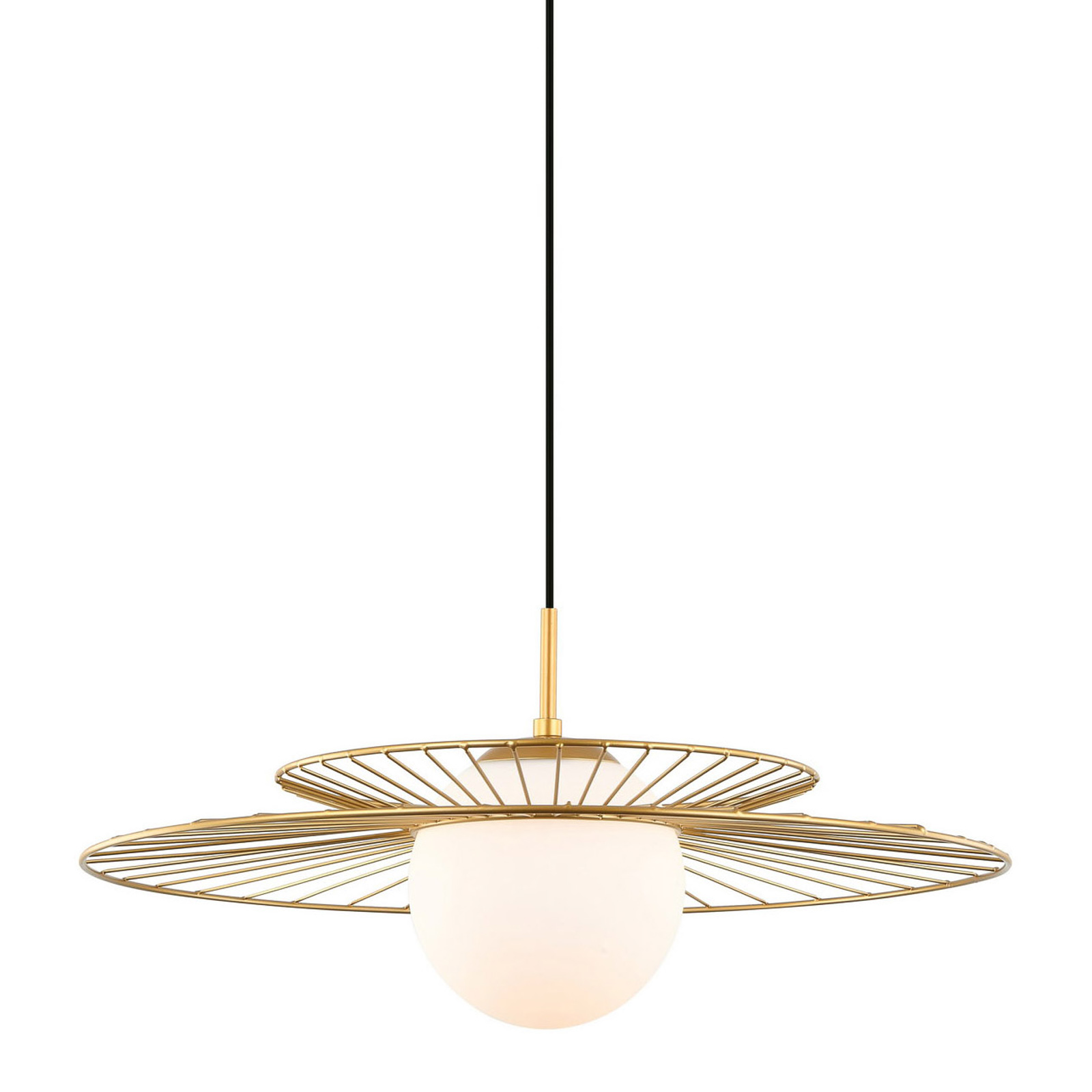 Lampa wisząca Sarah 1xE27 w kolorze złotym. Posiada okrągłą, mleczną szklaną kulę otoczoną metalowym, złotym stelażem w formie ażurowej tarczy. Zawieszona na czarnym przewodzie, w stylu nowoczesnym.